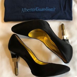 Alberto Guardiani Black Satin Gold Lipstick Heel